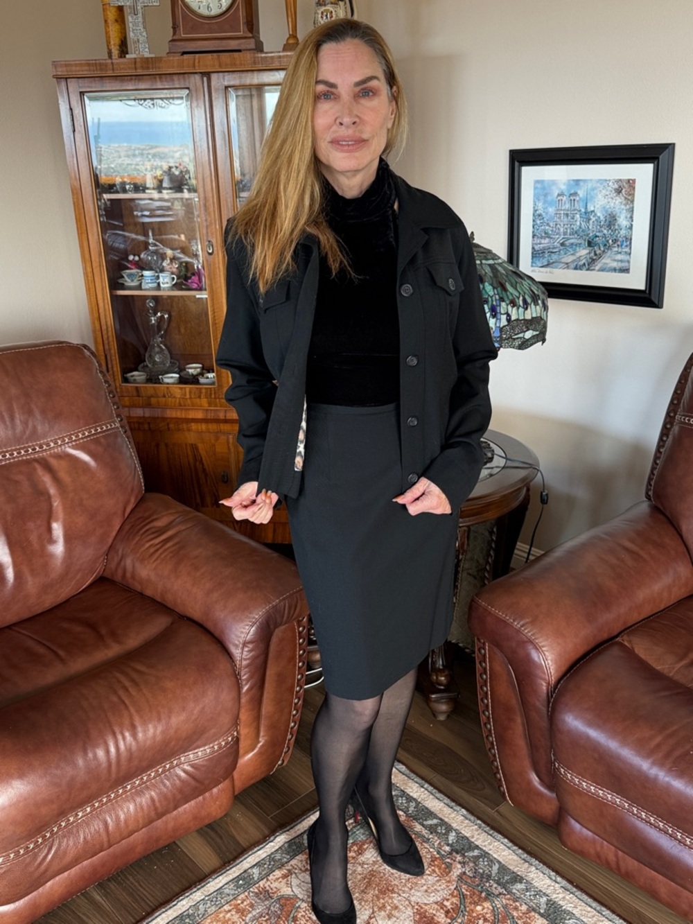 Hugo Buscati Black Jacket and Skirt Set with Leopard Lining
